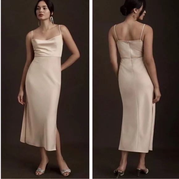 BHLDN Anthropologie Cali Satin Cowl Neck Midi Slip Dress In Oyster Beige Size 4 - Picture 1 of 14